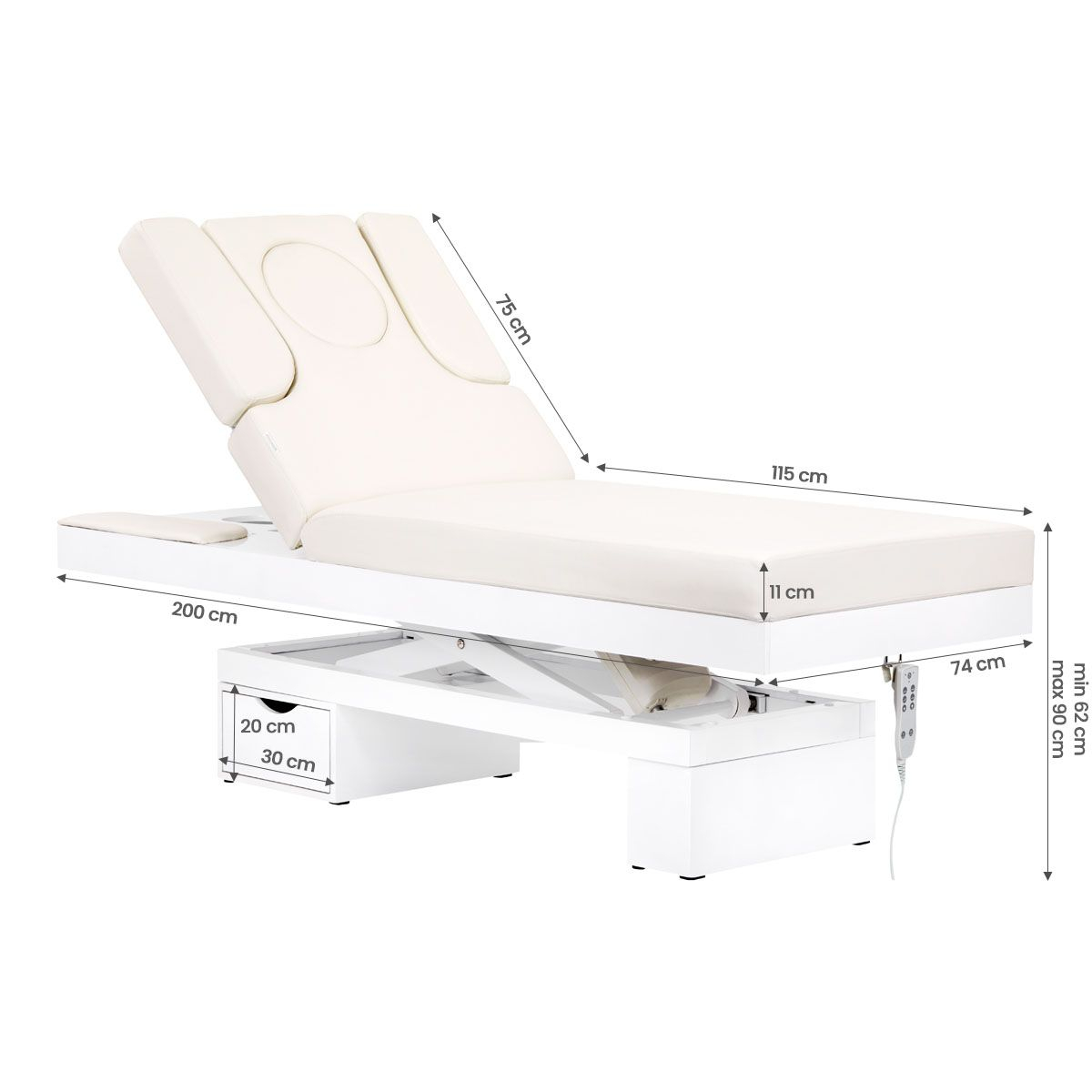Elektrisk behandlingssäng / massagebänk SPA AZZURRO 815B vit, 2-motor, med LED belysning och uppvärmning