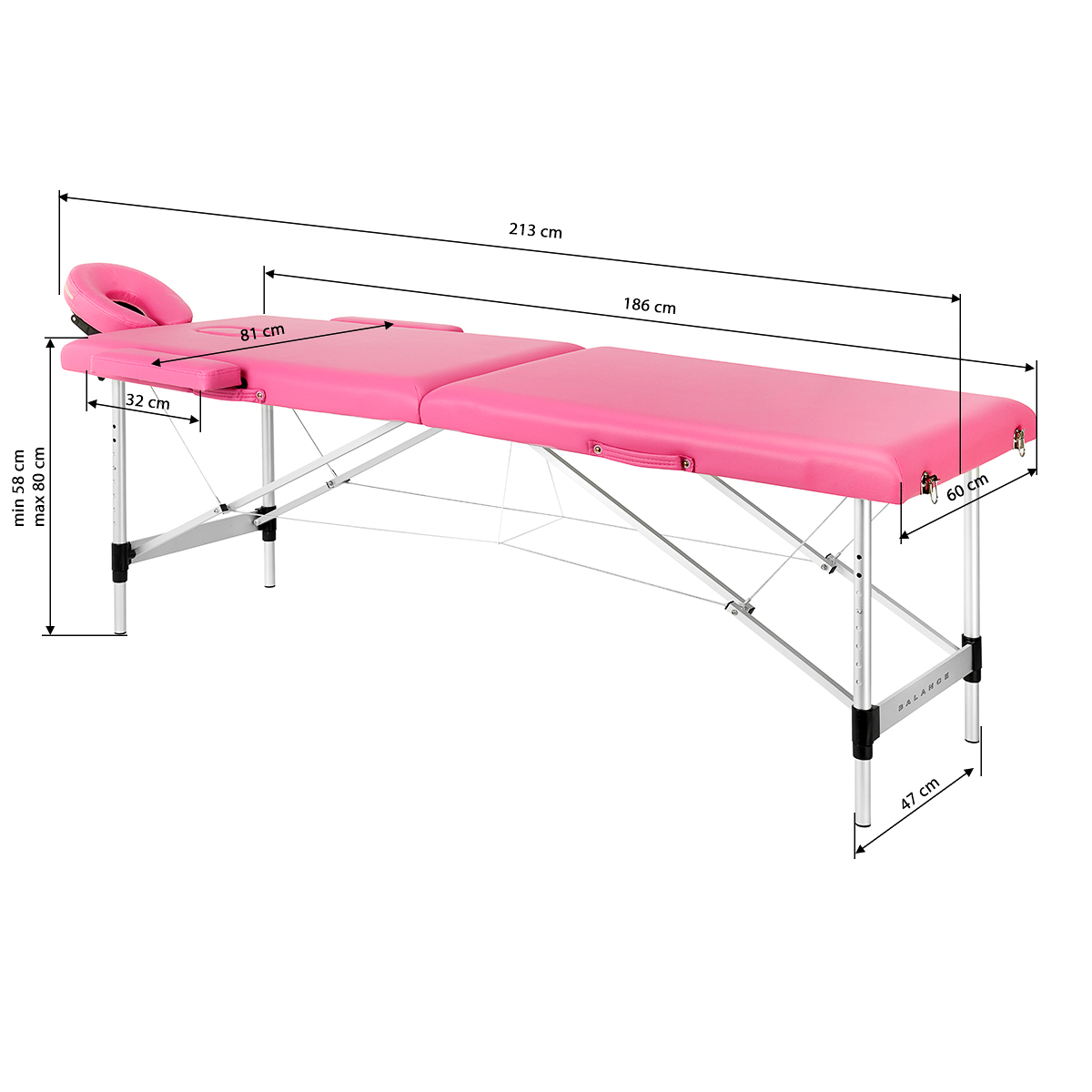 Bärbar massagebänk / behandlingssäng BALANCE ALUMINIUM rosa + väska