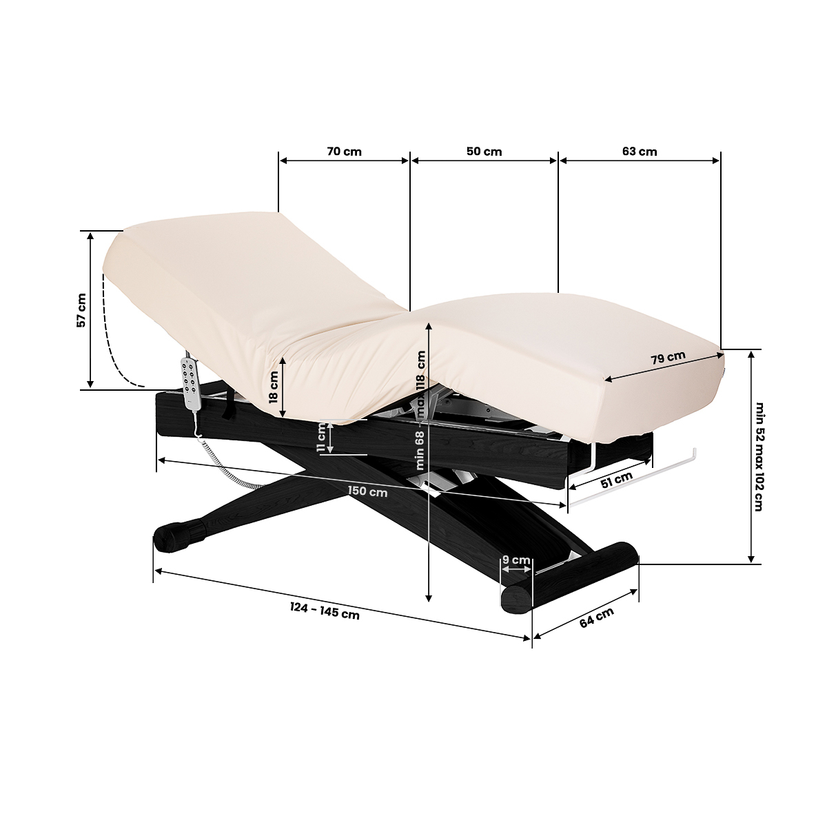 Elektrisk behandlingssäng / massagesäng SPA SILLON SIESTA beige / svart trä, extra hög, 3-motor