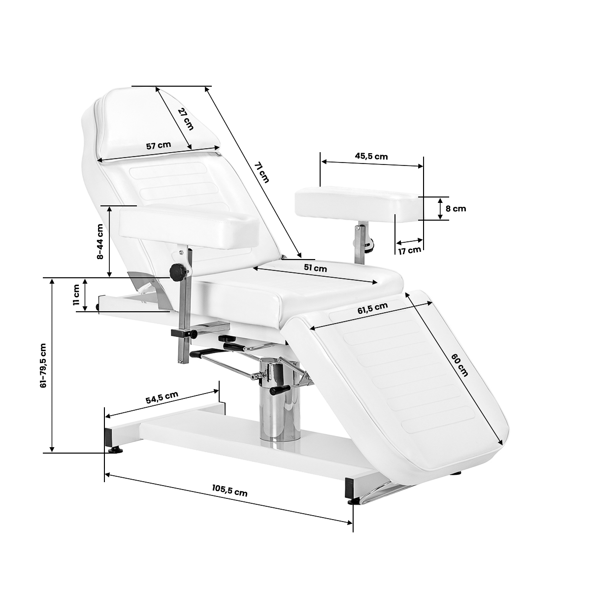 Behandlingssäng A 210DH med justerbar vagga, flexibla armstöd, vit