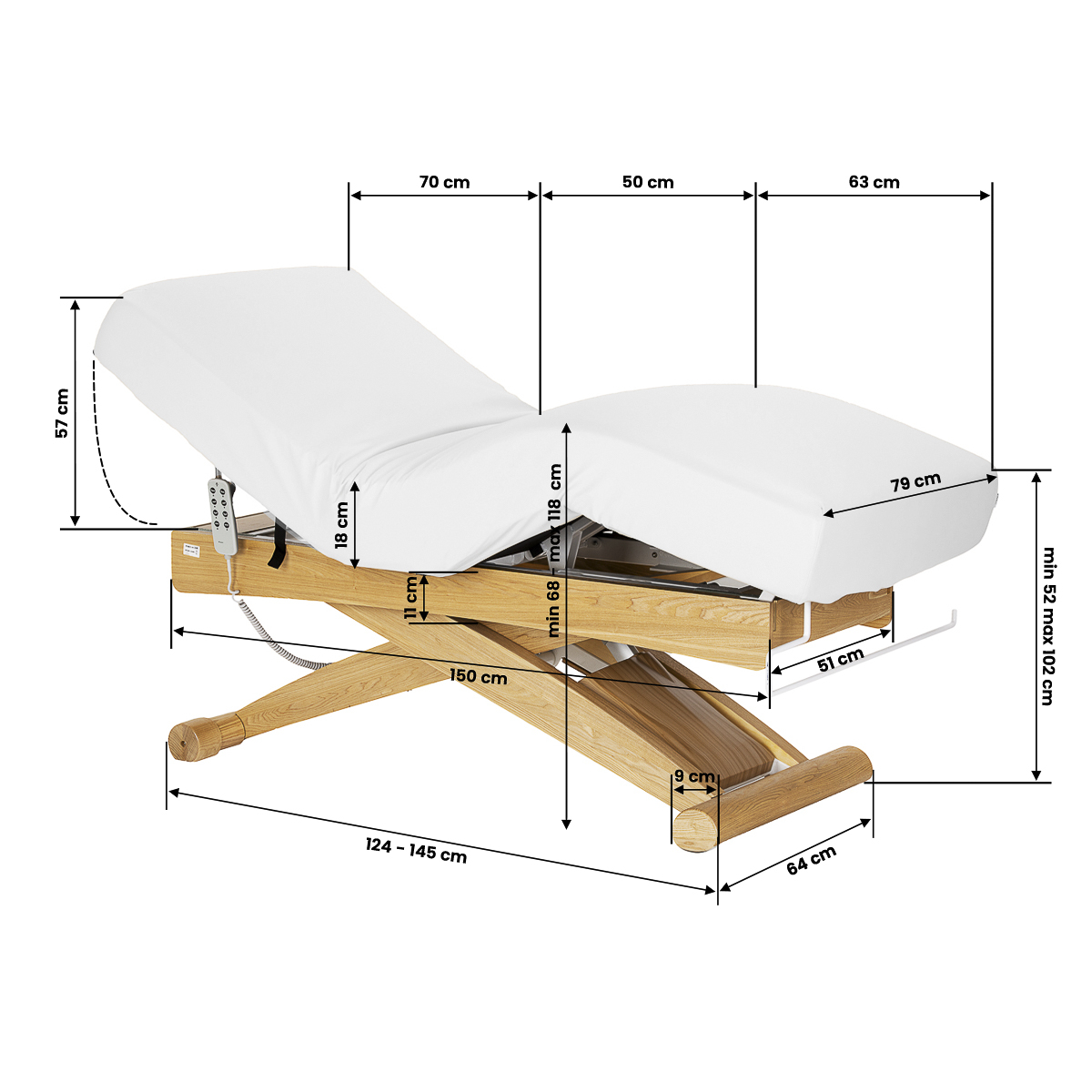 Elektrisk behandlingssäng / massagesäng SPA SILLON SIESTA vit / trä, extra hög, 3-motor