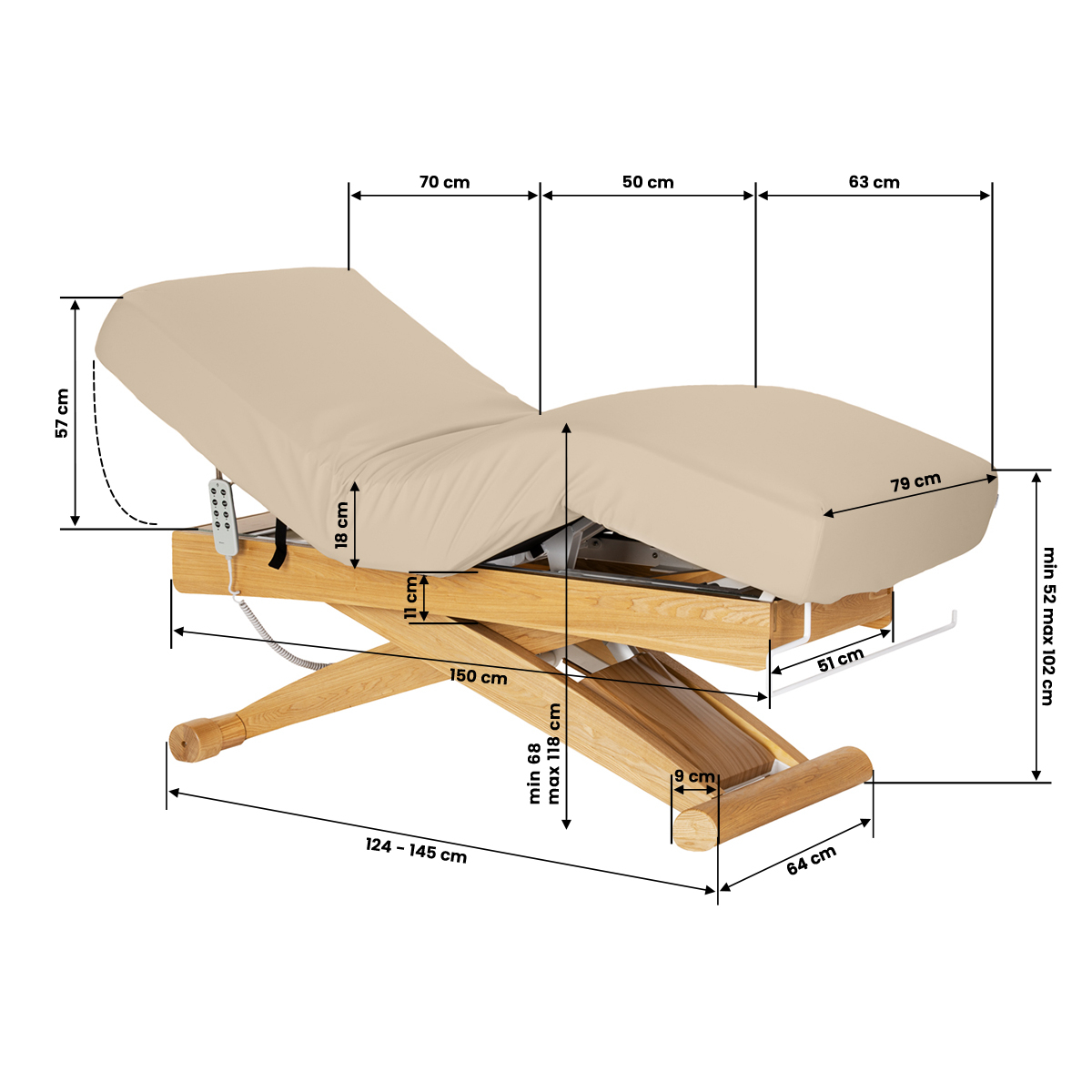 Elektrisk behandlingssäng / massagesäng SPA SILLON SIESTA cappuccino / ljust trä, extra hög, 3-motor